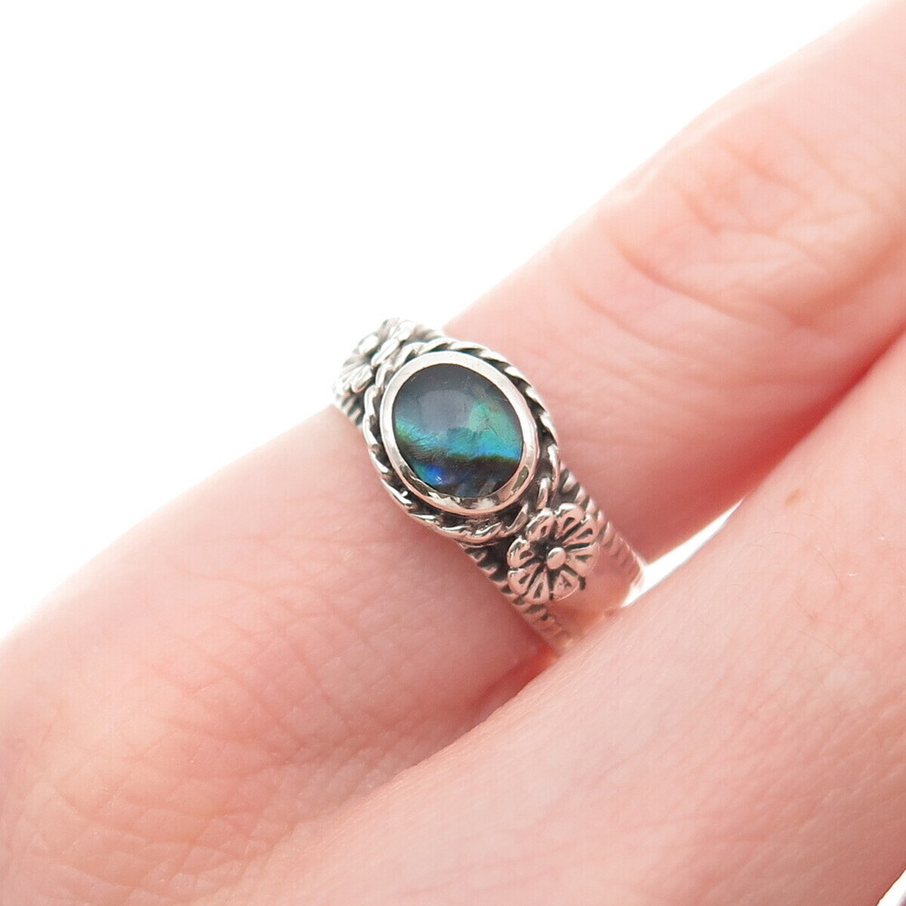 Silver Cloud 925 Sterling Vintage Real Abalone Shell Floral Ring Size 4